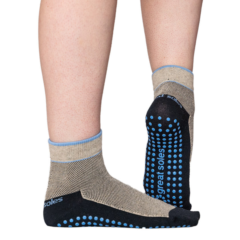 Bailey blue black tweed short crew non slip grip sock pilates, barre and home