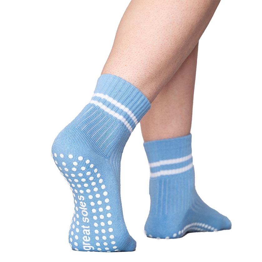 Greer blue with white  stripes boyfriend short crew  non slip grip sock  for  pilates, barre and walking