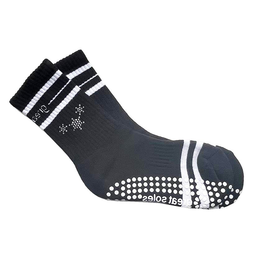 Jess black and white non slip crew grip sock with snowflake pattern stud design for pilates, yoga, stretch and barre