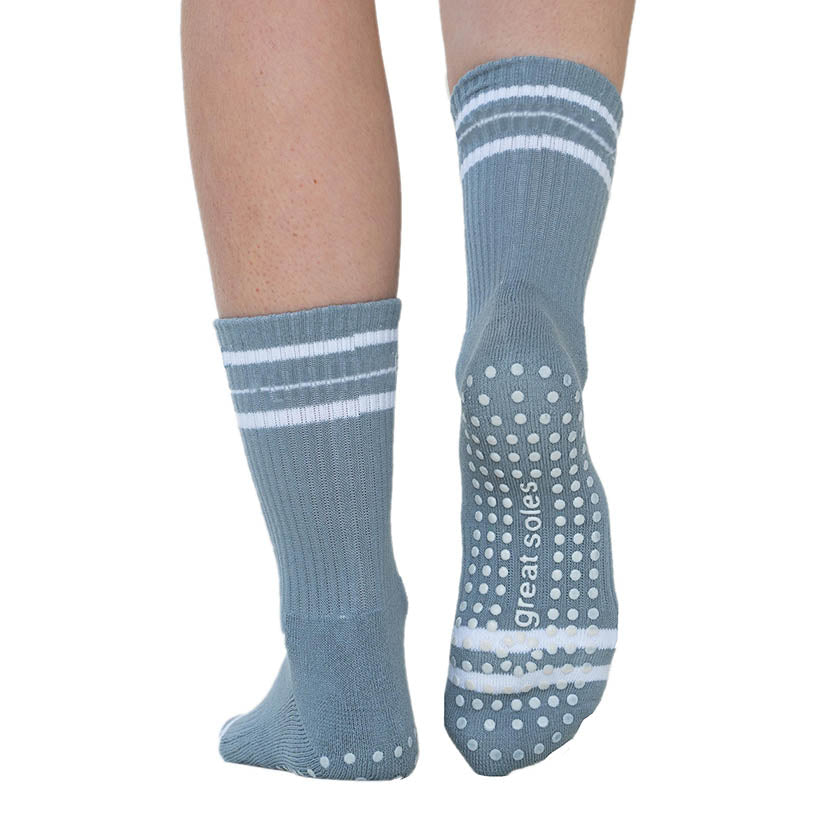 jess grey and white crew non slip grip sock for walking, pilates or barre