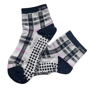 Emilia black,grey and pink plaid short crew non slip grip sock for pilates, barre  and running