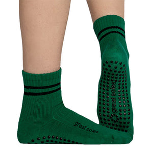 Greer boy friend green and black short crew with non slip grip sock for barre, pilates and yoga