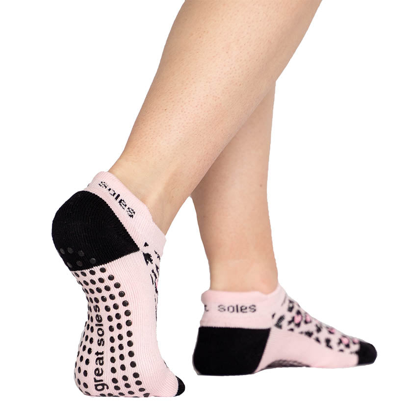 Kiera leopard black and pink non slip tab back grip sport sock for pilates, hospital and barre