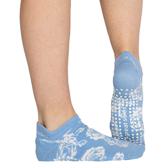 blue rose patterned non slip sport grip, sock, for pilates ,kickboxing, running and barre