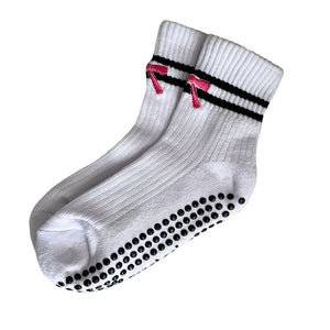 Greer white,black,pink crew grip sock with pink  ribbon embroidered on the front for pilates, barre and stretching
