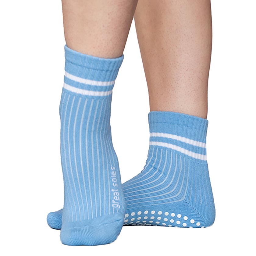 Greer blue with white  stripes boyfriend short crew  non slip grip sock  for  pilates, barre and walking