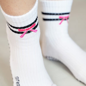 Greer crew grip sock in white, black, pink with a ribbon for pilates,barre and  for at home
