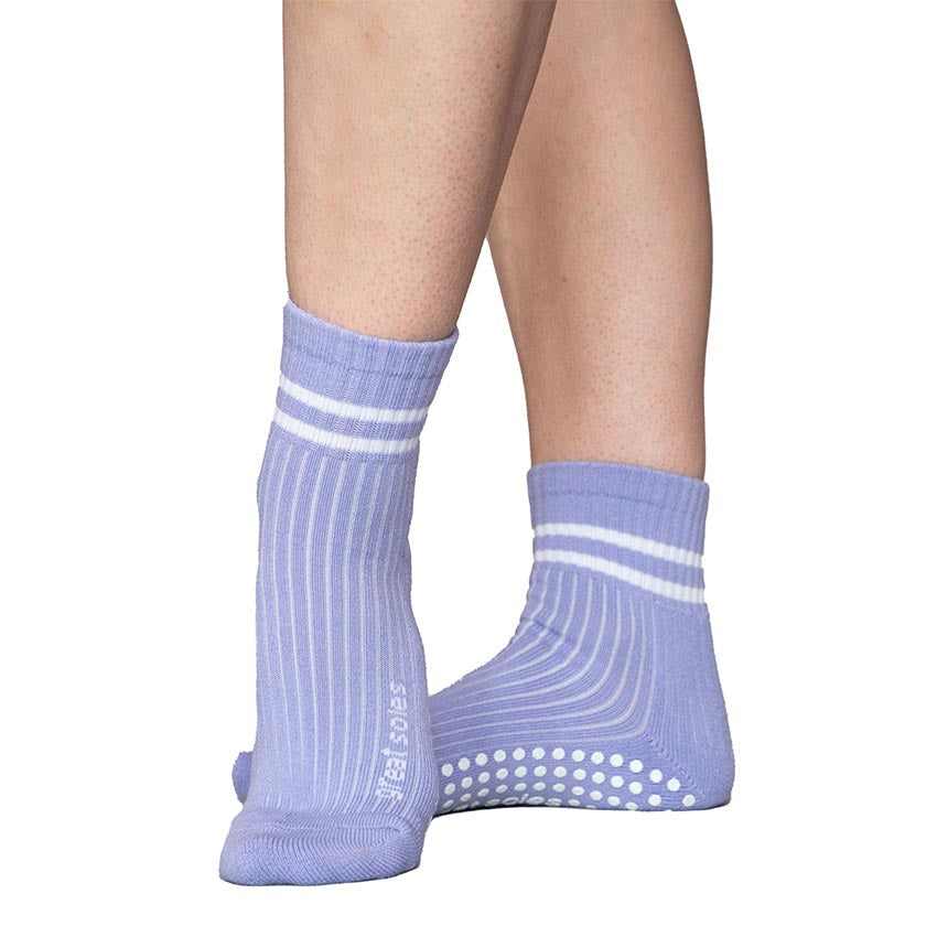 Greer lilac with white  stripes boyfriend short crew  non slip grip sock  for  pilates, barre and walking