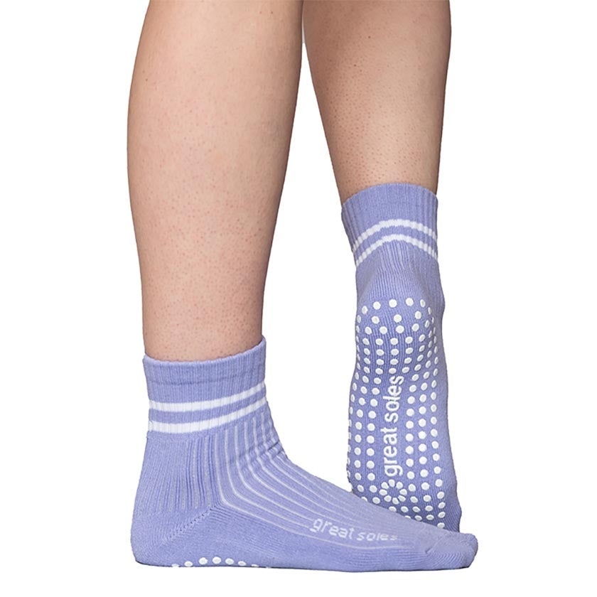 Greer lilac with white  stripes boyfriend short crew  non slip grip sock  for  pilates, barre and walking