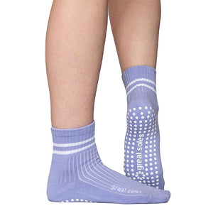 Greer lilac with white  stripes boyfriend short crew  non slip grip sock  for  pilates, barre and  home