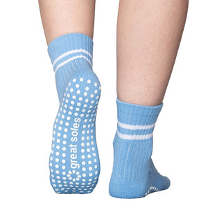 Greer blue with white  stripes boyfriend short crew  non slip grip sock  for  pilates, barre and gym
