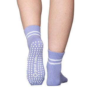Greer lilac with white  stripes boyfriend short crew  non slip grip sock  for  pilates, barre and  gym