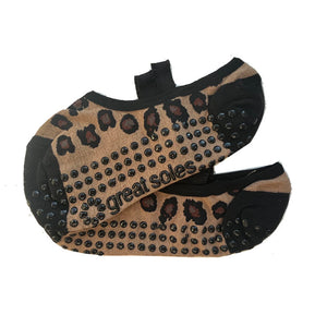 Lulu brown black leopard pattern ballet non slip grip sock for pilates,barre and yoga