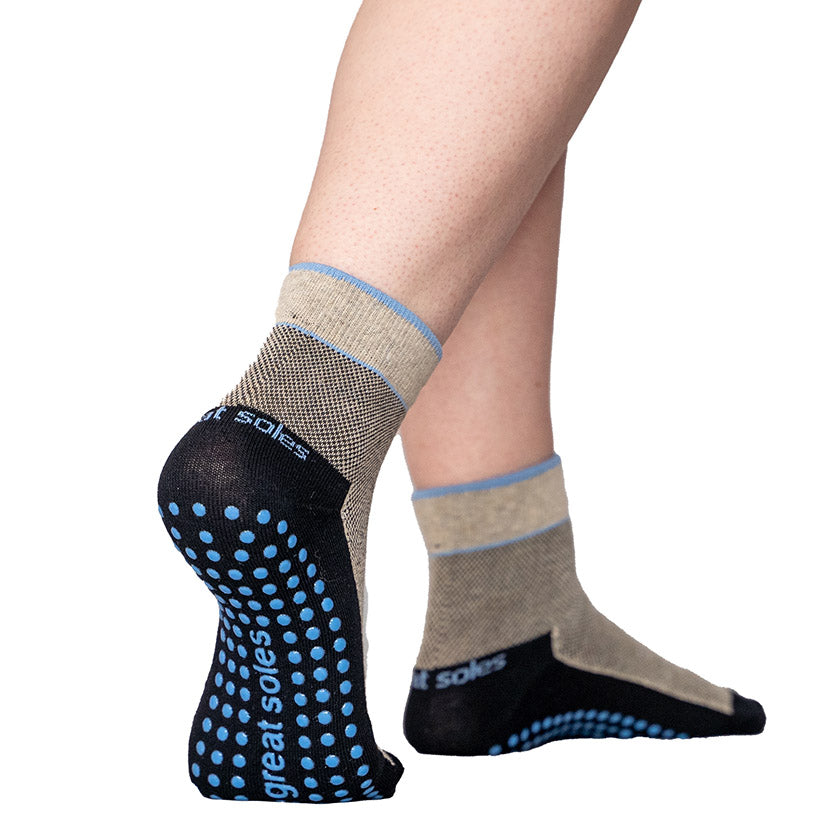Bailey blue black tweed short crew non slip grip sock pilates, barre and home