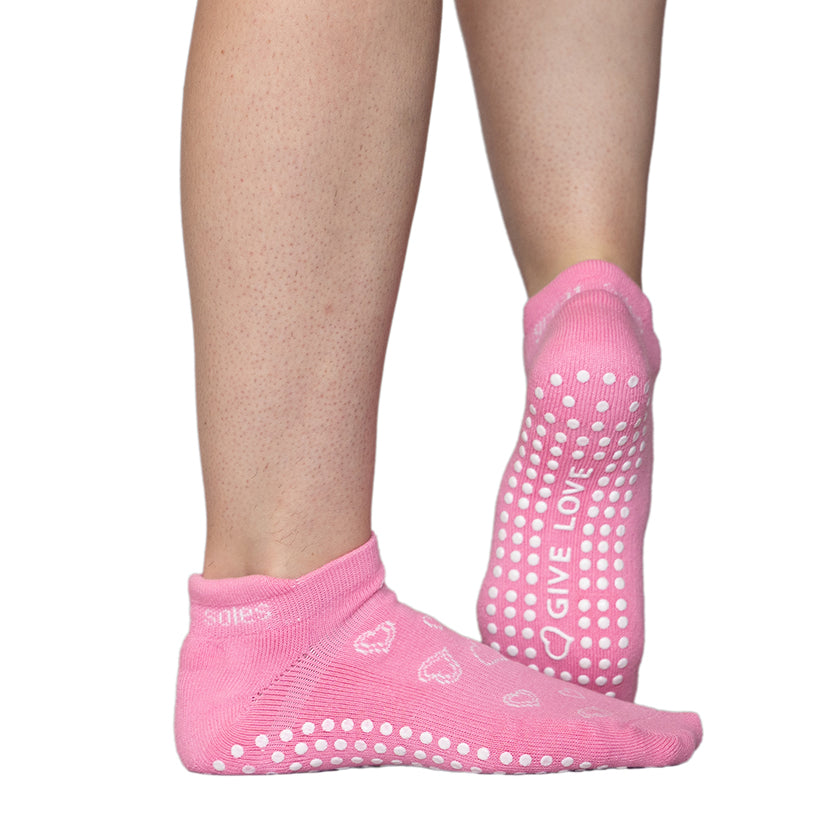 Roxy Heart Tab Back Grip Sock - White/Pink - Great Soles