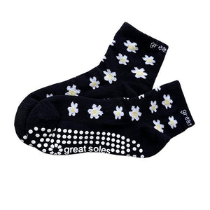 Daisy black white short crew grip sock for barre and stretching