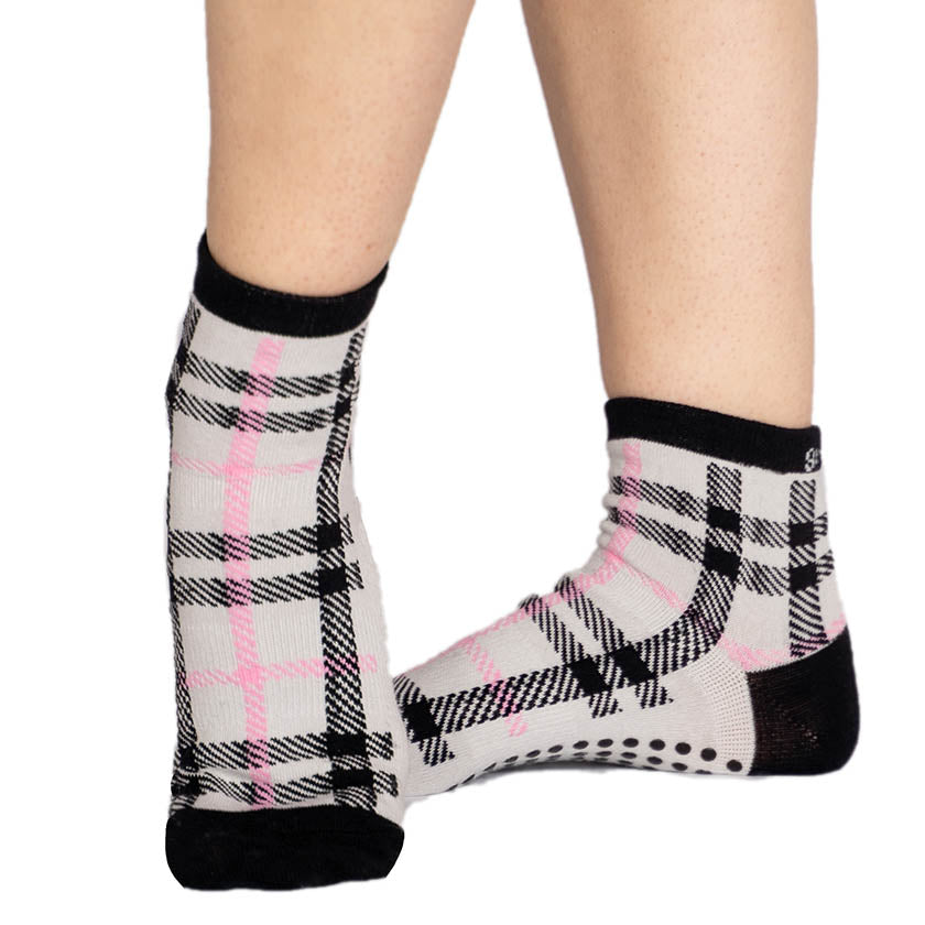 Emila black grey plaid short crew grip sock wear this sock for pilates, barre and running