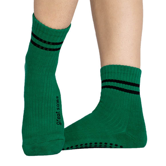 Greer boy friend green and black short crew with non slip grip sock for barre, pilates and biking