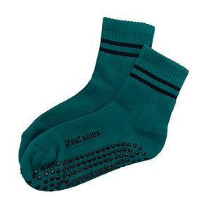 Greer boy friend green and black short crew with non slip grip sock for barre biking and hiking