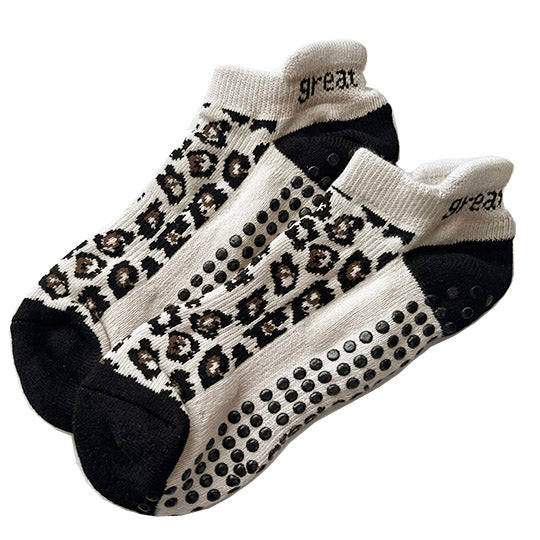 Keira Leopard Grip Sock - Tan/Black SM - Great Soles