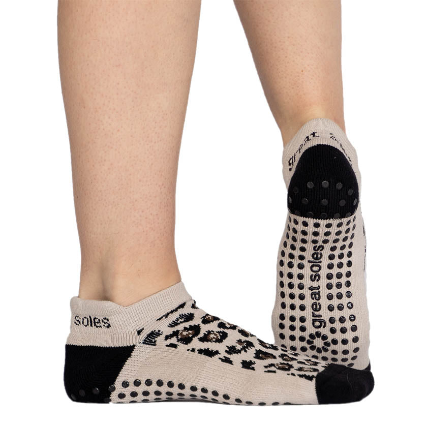 Kiera natural leopard sport non slip grip sock for pilates barre and running