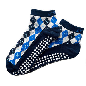 great soles maisie argyle blue white short crew grip sport sock for stretching and barre