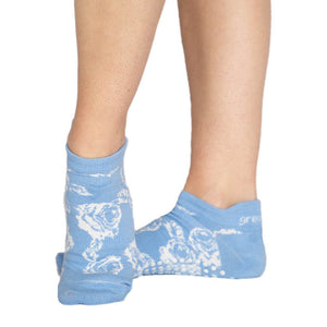 blue rose patterned non slip sport grip, sock, for pilates ,kickboxing, running and barre